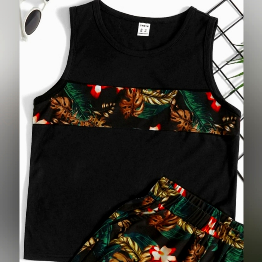 SHEIN Boys Tropical Print Tank Top & Shorts